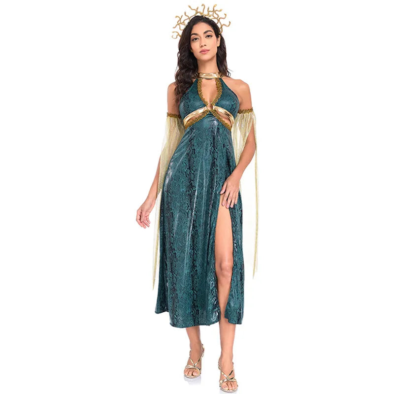 Women Retro Medusa Snake Costume With Headband Sexy Snake Demon Goddess Roleplay Long Slit Dress Halloween Cosplay Party Costume