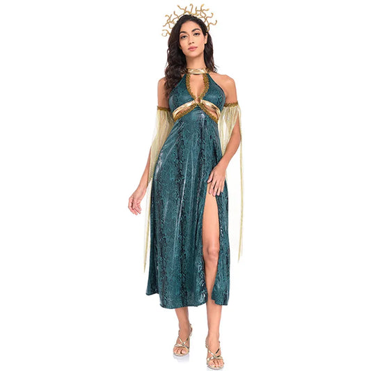 Women Retro Medusa Snake Costume With Headband Sexy Snake Demon Goddess Roleplay Long Slit Dress Halloween Cosplay Party Costume