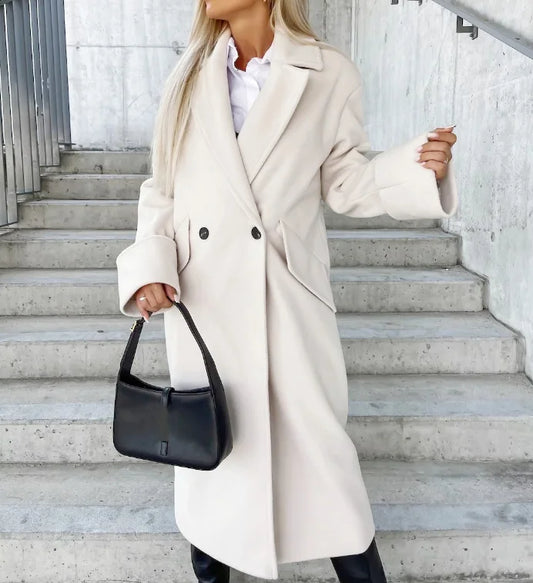 Women's Coat Autumn Winter Fashion Long Sleeve Notch Collar Double-Breasted Solid Casual Loose Long Woolen Jacket Coat