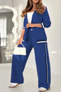 Pant Sets Women Wide Leg Pants Two Piece Set Button Coats Matching Sets Patchwork High Waist Elegant Trousers Pockets Sporty