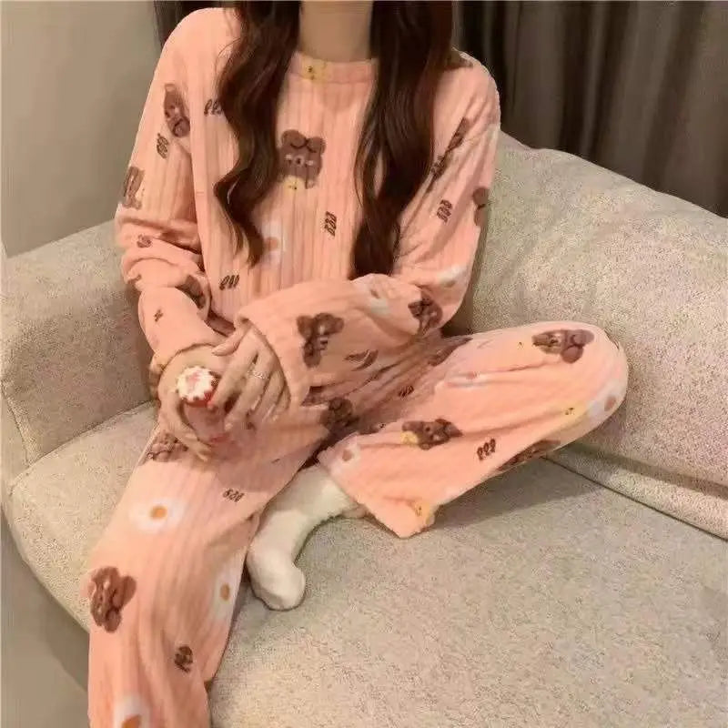 Ruffles Pajamas for Women Autumn Winter Peter Pan Collar Ruffle Sleeve Pajama Top and Elastice Waist Pants 2 Pcs Pajama Sets