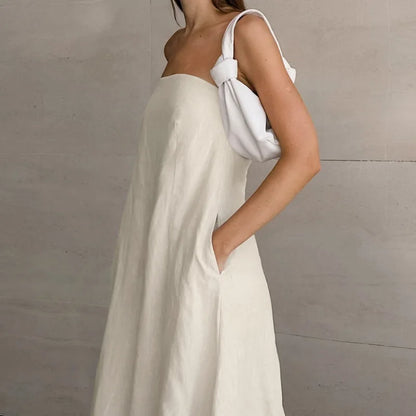 Minimalist Cotton Linen Design Strapless Dress Summer Women's Personal Street Elastic Backless Pocket Vacation Beach Dress