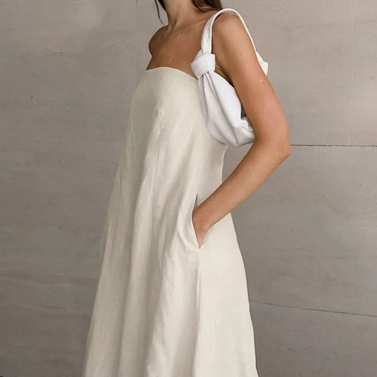 Minimalist Cotton Linen Design Strapless Dress Summer Women's Personal Street Elastic Backless Pocket Vacation Beach Dress