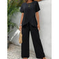 Casual Solid Suit Women 2025 Fashion Round Neck Short Sleeve Irregular Split Top Elastic Waist Trousers Two Piece Set
