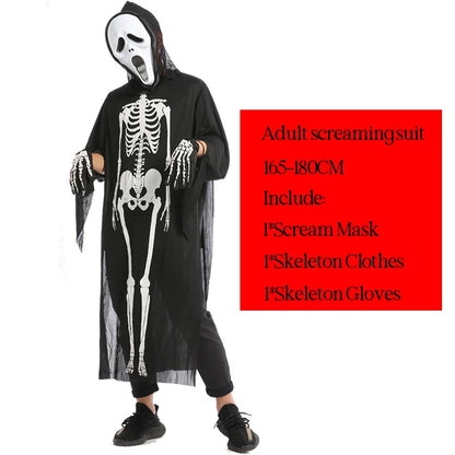 Halloween Scary Skeleton Ghost Cosplay Costume Masks Gloves Costume Suit Masquerade Carnival Horror Clothes for Adults Kids