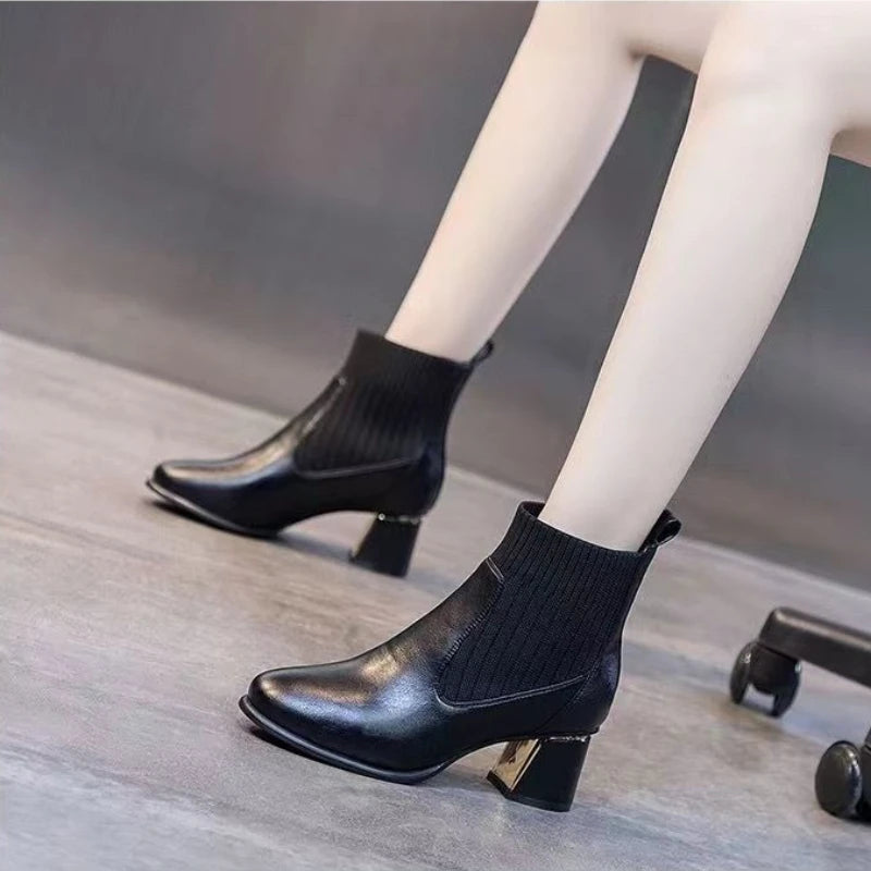 Elegant with Medium Heels Leather Women's Ankle Boots Autumn Winter Female Short Shoes Solid Color Booties Pu Boot on Promotion