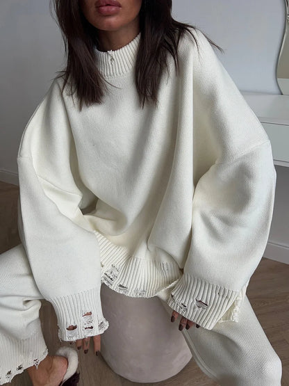 Bornladies Autumn Winter Women's New Turtleneck Knit Sweater Skinny Knit Pants Set Soft Oversized Ripped Hem Fashion Pullover