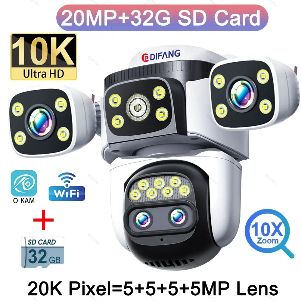10K WiFi Cam 20MP Wireless Outdoor 10X Zoom Three Screen Four Lens 720° PTZ Automatic Tracking Waterproof Security Camera CCTV