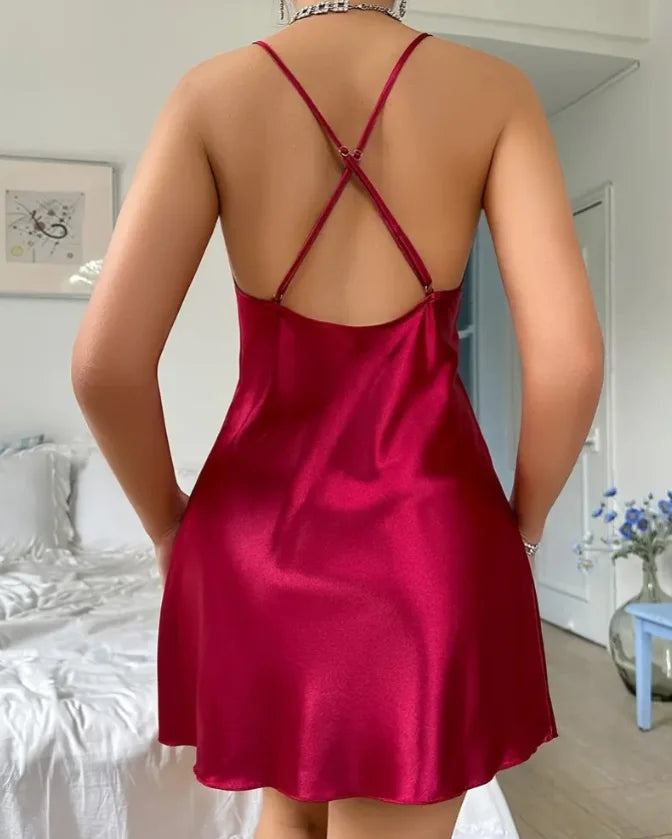 Womens Dresses Spring New Fashion Contrast Lace V-Neck Spaghetti Strap Satin Babydoll Sexy Slim Fit Slit Home Night Dress