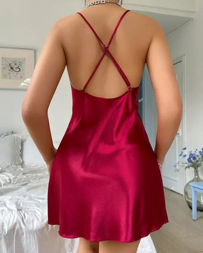 Womens Dresses Spring New Fashion Contrast Lace V-Neck Spaghetti Strap Satin Babydoll Sexy Slim Fit Slit Home Night Dress