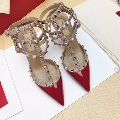 Women's Gladiator sandals Summer Black luxury Woman shoes Rivet High-heeled Three Straps Ankle Fashion Designer Ladies Shoes