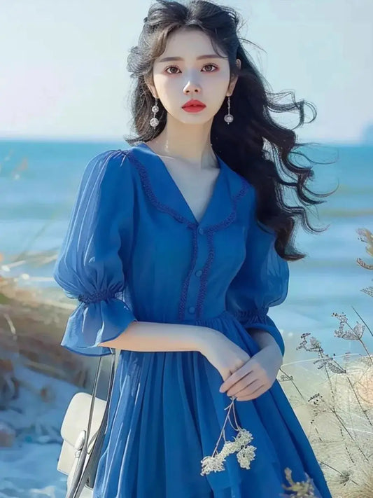French Blue Bubble Sleeve Dress with Waist Cinching Summer New Style Seaside Vacation Temperament Fresh Dress