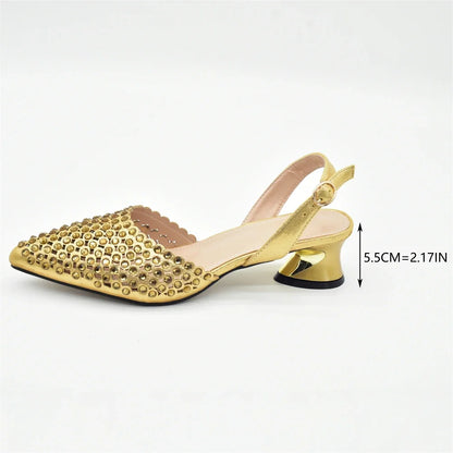 New Fashion Gold Color Shoes and Bags To Match Set Nigeria Party Women's Wedding Bag and Shoe Set Decorated with Rhinestone