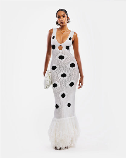 Designed Polka Dot Knitted Long Dress V Neck Hollow Out Fringe Hem Dresses 2025 Summer New Women's Elegant Party Evening Gown