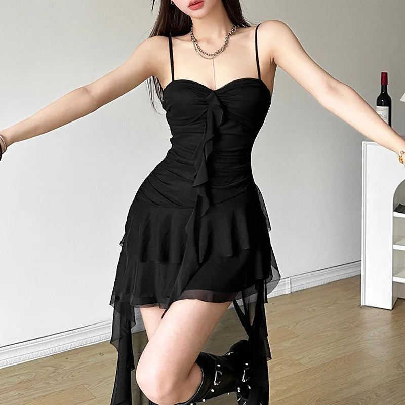 Women's Cami Dress Slim Ruched Sweetheart Neck Backless Spaghetti Strap A-Line Flowy Dress for Party Club