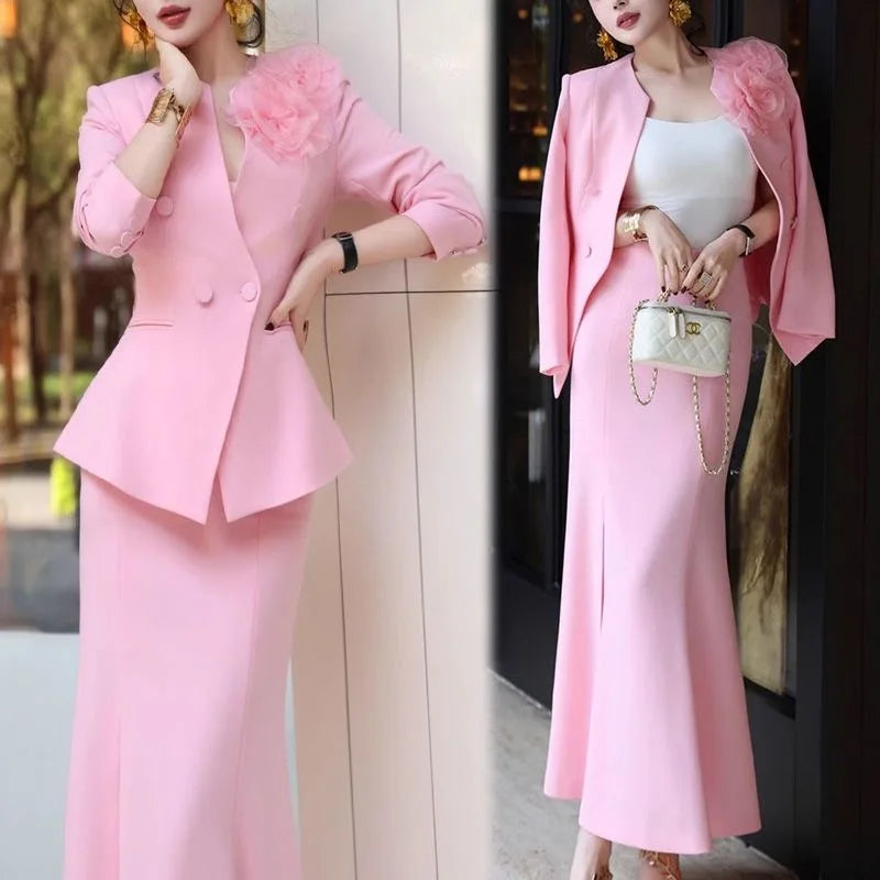 High Quality 2025 Fashion Party Women's Two Pieces Set French Luxury Jacquard Patchwork Tops+High Waist Midi Skirt Women's Suit