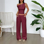 Two Piece Set Women Outfit  Summer New Solid Color Slanted Collar Tank Top & High Waist Casual Wide Leg Long Pants Set