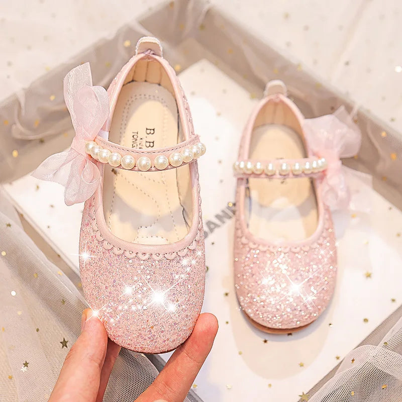 Fashion Girls Mary Janes for Party Wedding Shows Bow Pearls Elegant Princess Shoes Chic Kids Shoes Non-slip Children Fashion
