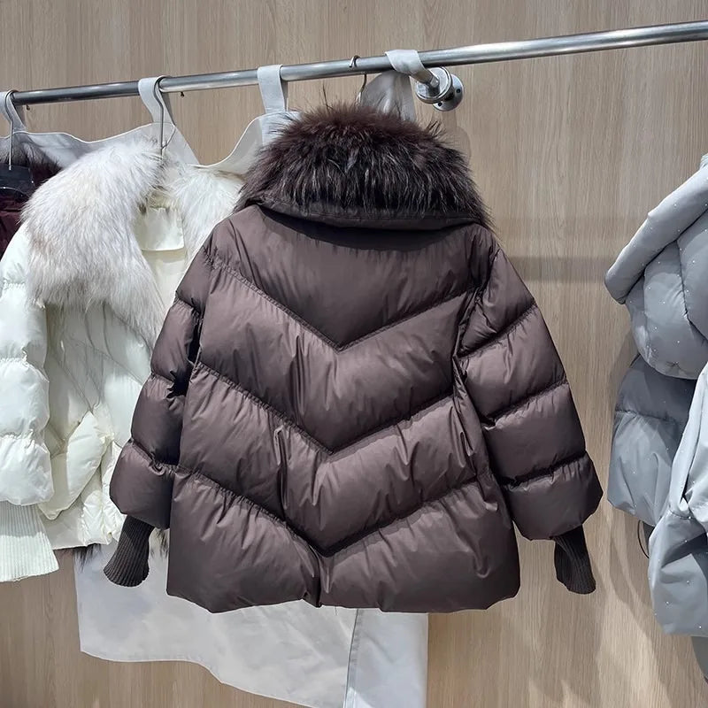 OFTBUY 2025 New Winter Large Real Raccoon Fur Puffer Coat Women Oversized Feather Down Parka Knit Sleeve White Duck Down Jacket