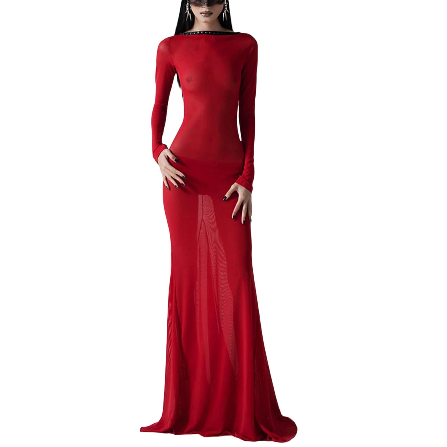 Black Long Sleeve Transparent Lace Dress for Women Sexy Floor-length Evening Dress Slim Party Club Dresses Red Christmas Dress