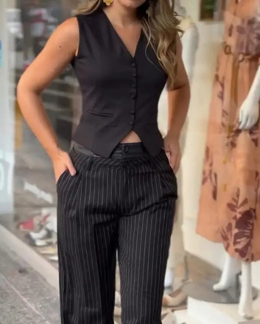 Two Piece Set Women Outfit New Fashion Striped Print V-Neck Front Button Tank & High Waist Pocket Design Straight Pants Set