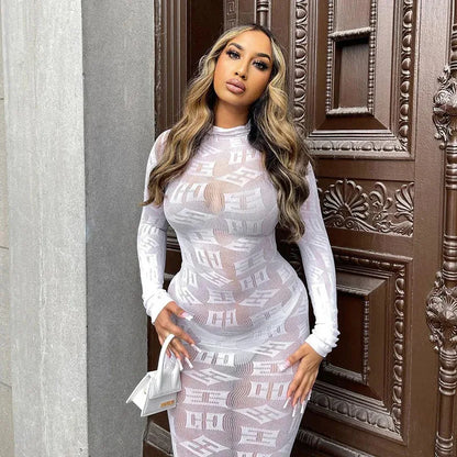 See Through Long Dress Women Sexy Long Sleeves Dresses Body-shaping Vestido Female Party Night Club Clothing Black White Dresses