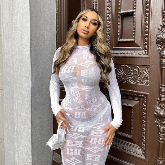 See Through Long Dress Women Sexy Long Sleeves Dresses Body-shaping Vestido Female Party Night Club Clothing Black White Dresses