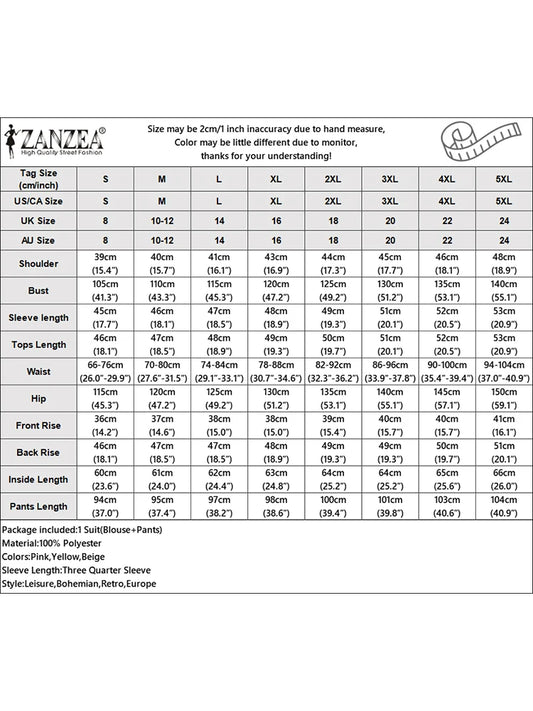 2025 ZANZEA Summer Pant Sets Fashion 2PCS Women Matching Sets O Neck 3/4 Sleeve Blouse Wide Leg Trousers Suit Casual Outfits