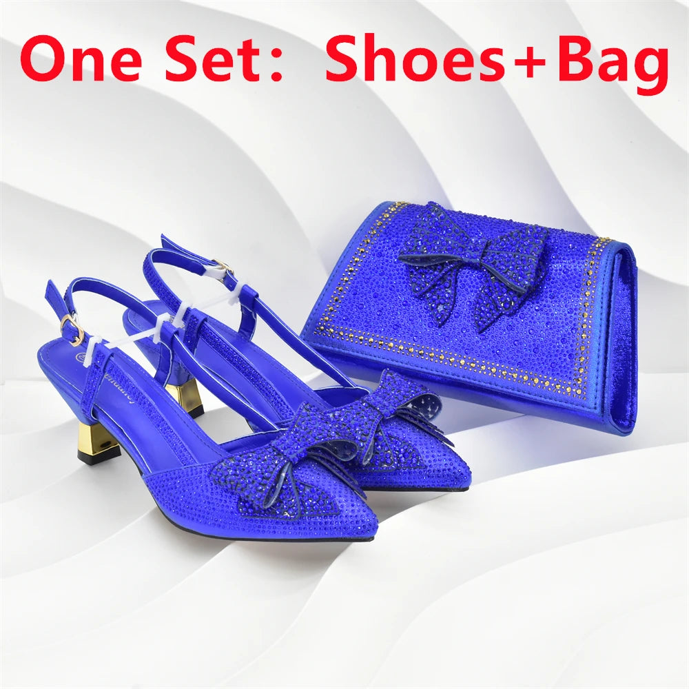 2025 Fashiona Banquet Exquisite Party Top Luxury Pointed Toe Bowtie Bright Diamond Summer Women's High Heels Shoes and Bags Set
