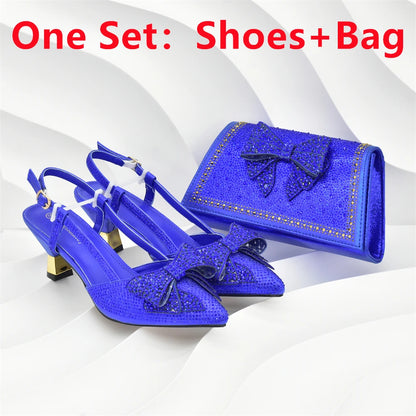 2025 Fashiona Banquet Exquisite Party Top Luxury Pointed Toe Bowtie Bright Diamond Summer Women's High Heels Shoes and Bags Set