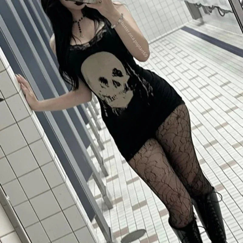 Gothic Skull Print Club Party Cami Mini Dress Women's Harajuku Emo Grunge Punk Backless Lace Trim  Bodycon