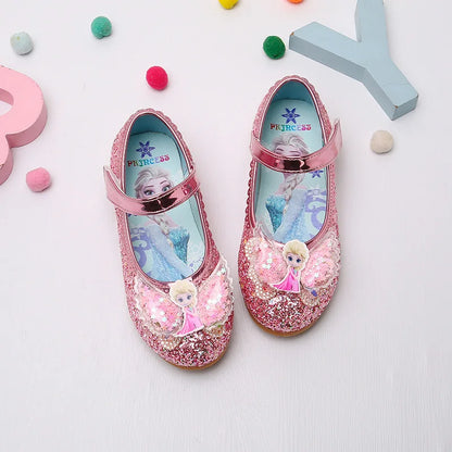 Disney Elsa Frozen Girls Princess Shoes Spring and Autumn Flat Paillette Shoes Children's Soft Sole Baby Casual Shoe Party Shoes