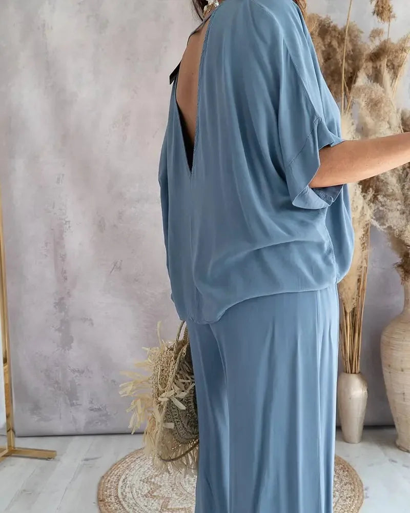 Summer White Two Piece Set For Women V Neck Bat Sleeve Top Casual Loose Lace Up Wide-leg Pants 2 Piece Suit Home Outfits Women's