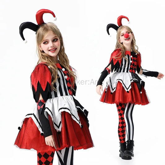 Naughty Girls Clown Costume Kids Circus Scary Tutu Dress Halloween Cosplay Costumes Carnival Party Jester Dress Up Full Set