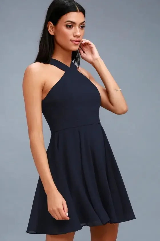 Women Sleeveless Backless Sexy Club Mini Dress 2024 Summer Party Strappy Back Zipper Solid Shift Halter Short Dresses