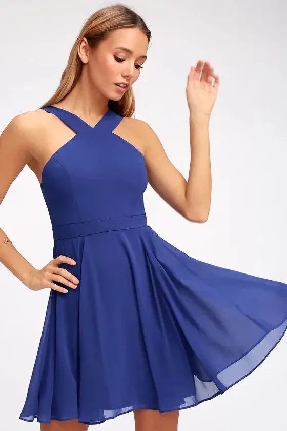 Women Sleeveless Backless Sexy Club Mini Dress 2024 Summer Party Strappy Back Zipper Solid Shift Halter Short Dresses