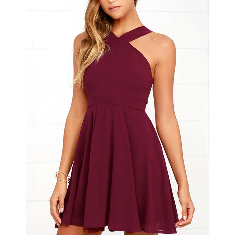 Women Sleeveless Backless Sexy Club Mini Dress 2024 Summer Party Strappy Back Zipper Solid Shift Halter Short Dresses