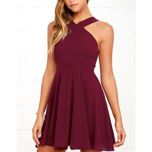 Women Sleeveless Backless Sexy Club Mini Dress 2024 Summer Party Strappy Back Zipper Solid Shift Halter Short Dresses