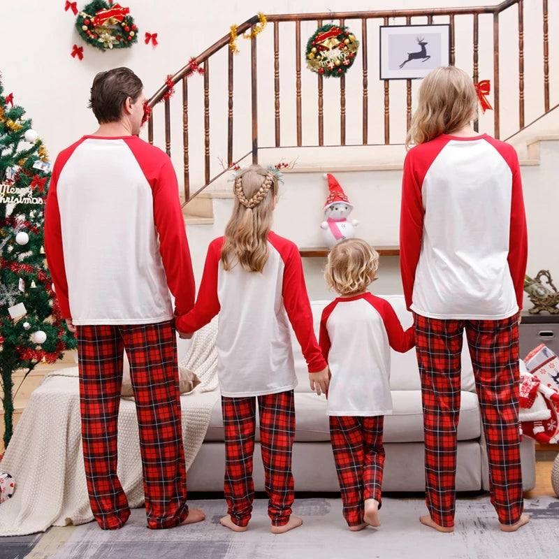 Christmas Family Matching Pajamas Set Long Sleeve Letter Print T-shirt with Plaid Pants Sleepwear Loungewear for the Whole