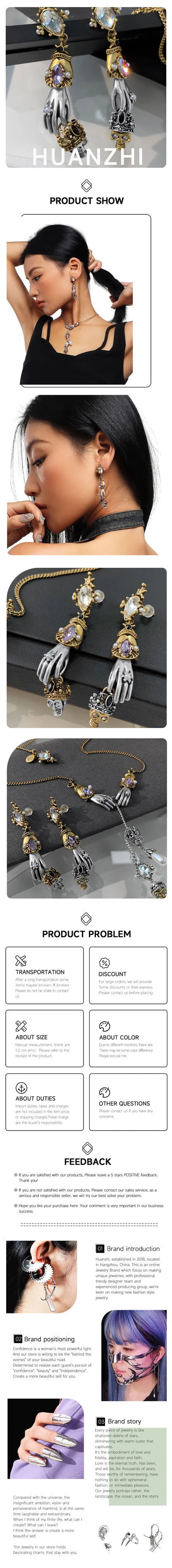 HUANZHI Retro Skeleton Hands Zircon Drop Earrings for Woman Hip-hop Golden Crown Skeleton Dangle Earrings Jewelry Wholesale Gift