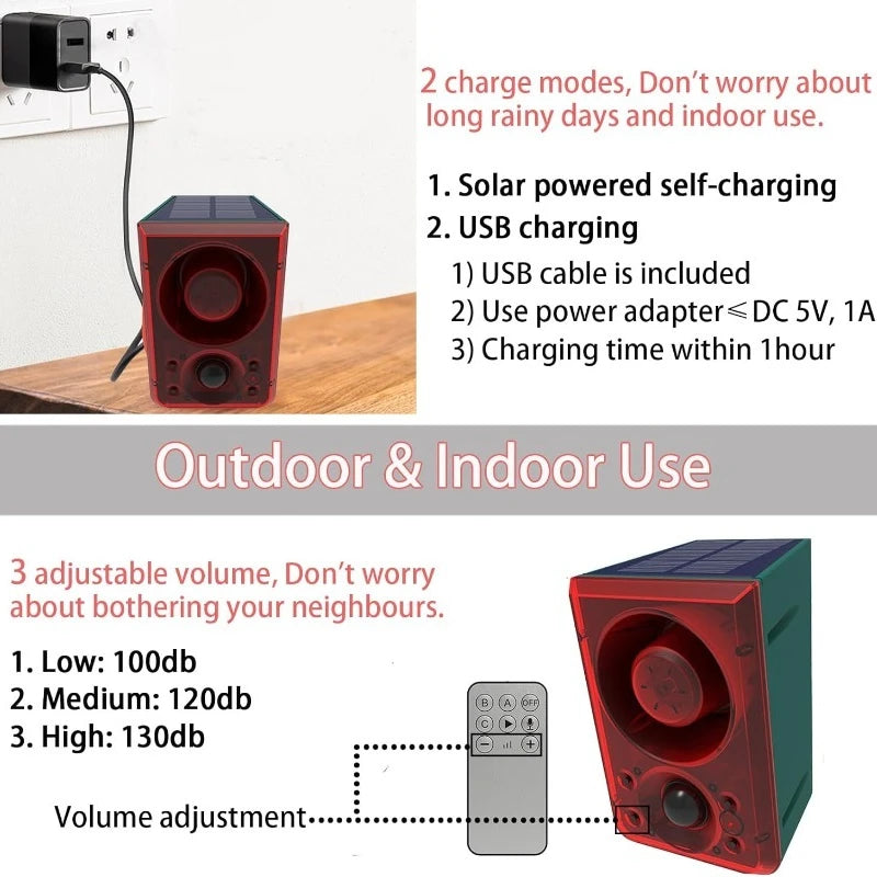 Solar Motion Alarm Lamp 130dB Dog Bark Gunshot Waterproof LED Strobe Light Remote for Garden Farm Chicken Coop Support Recording
