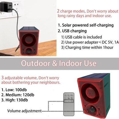Solar Motion Alarm Lamp 130dB Dog Bark Gunshot Waterproof LED Strobe Light Remote for Garden Farm Chicken Coop Support Recording