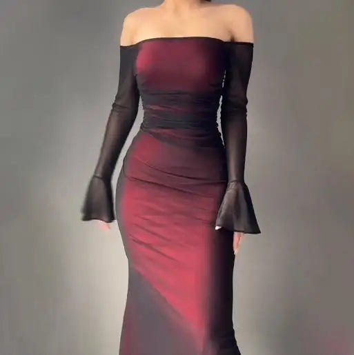 Womens Dresses Spring Autumn New Fashionable Solid Color Long Sleeved Off Shoulder Hip Hugging Temperament Slim Fit Dress