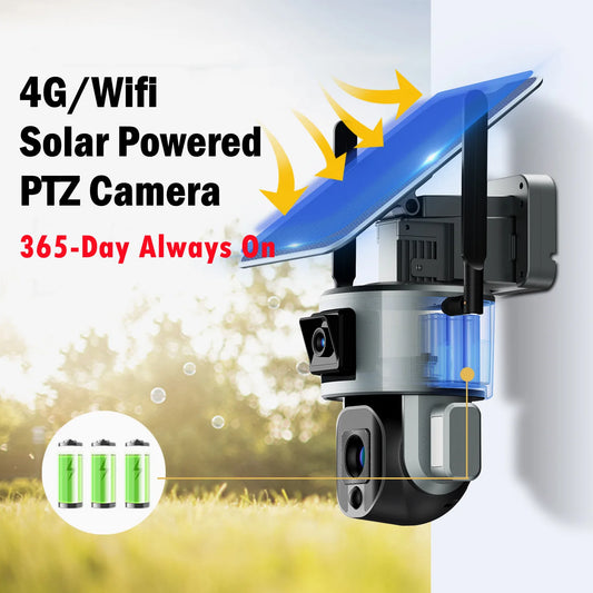 4K 8MP Dual Lens Solar Camera 10X/4X Zoom 4G SIM/WIFI Security Outdoor Camera Humanoid Tracking Color Night Vision Camera Solar