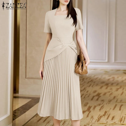 ZANZEA Elegant Office Work Dresses 2025 Women Summer Dress Square Neck Party Sundress Fashion Short Sleeve Pleated Vestidos Robe