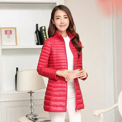 Autumn Winter Women White Duck Down Jacket Female ultra Light Slim Thin Zipper Warm Feather Long Down Coat Good Quality Parkas