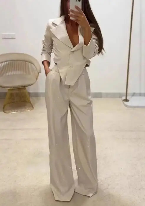 Two Piece Set Women Outfit  Spring Temperament Commuting Irregular Hem Notched Collar Blazer Top & High Waist Pants Set