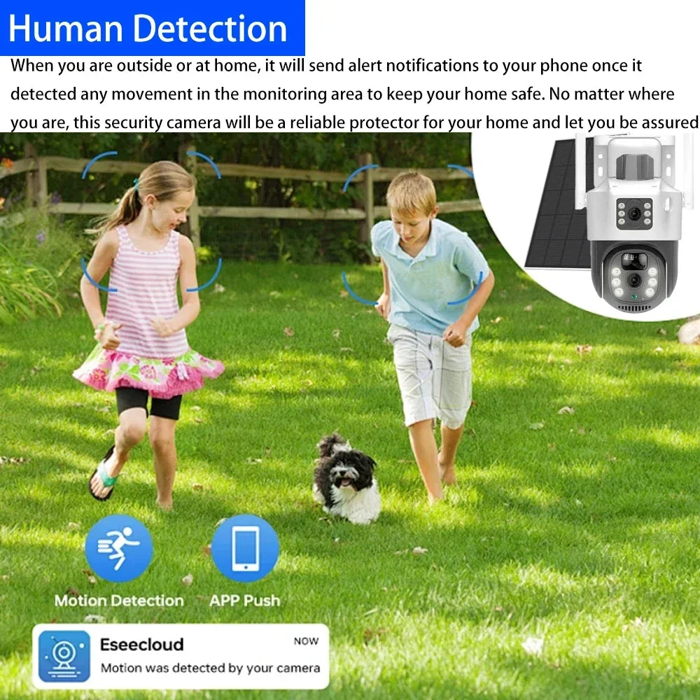 EseeCloud 4K 8MP 2 Lens 5G&2.4G WiFi Solar PTZ Camera Outdoor PIR Detection Night Vision IP66 Low Power Battery CCTV Security