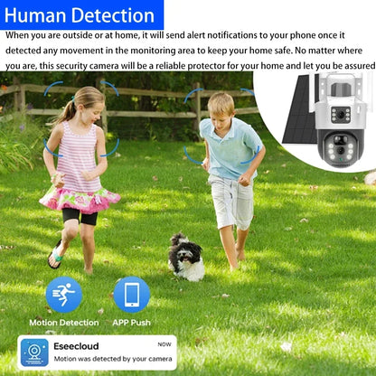 EseeCloud 4K 8MP 2 Lens 5G&2.4G WiFi Solar PTZ Camera Outdoor PIR Detection Night Vision IP66 Low Power Battery CCTV Security