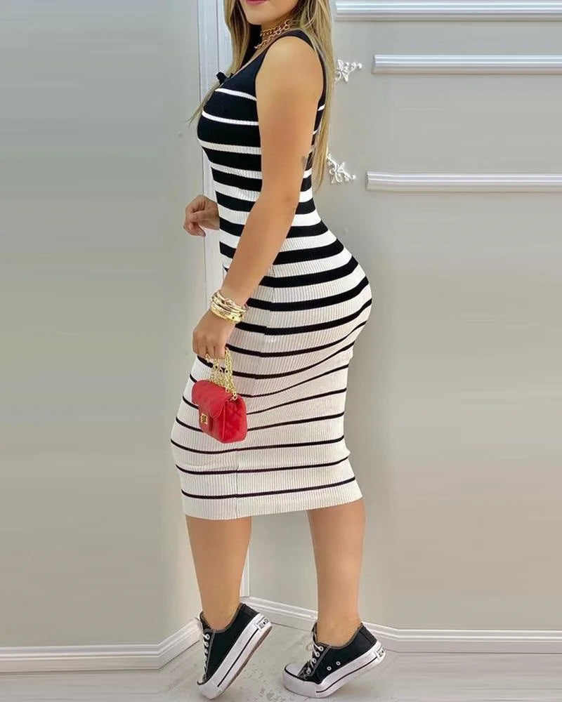Womens Dresses Summer Fashion Lace Up Striped Print Square Neck Sleeveless Casual Skinny Daily Midi Vest Dress
